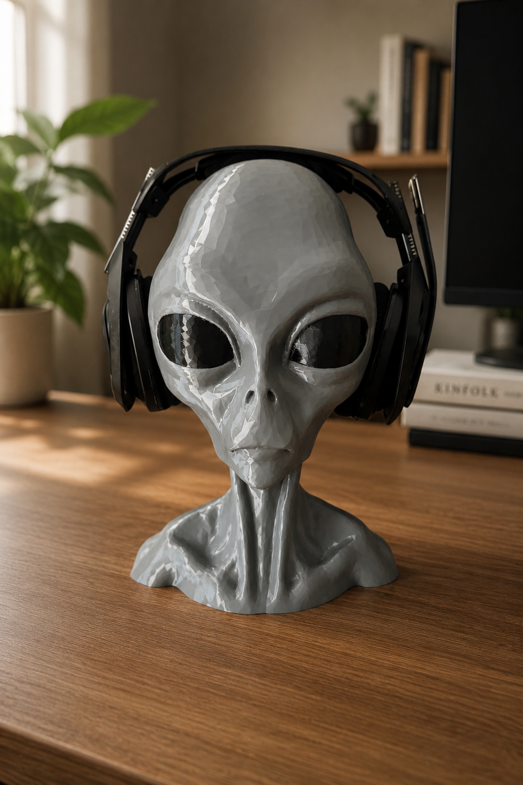 Grey Alien Head sculpture on a desk