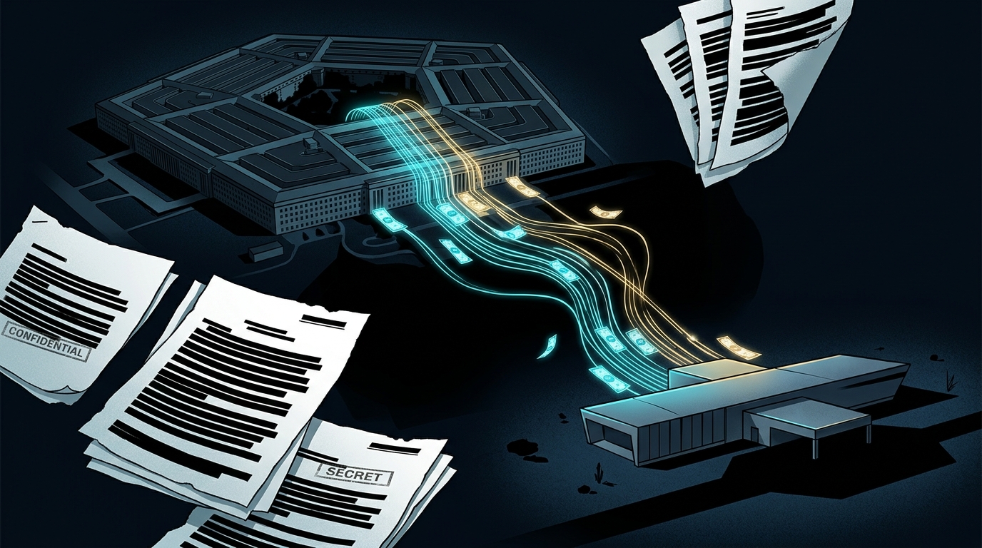 Money flowing from a government building into a private aerospace facility, surrounded by redacted documents — illustration
