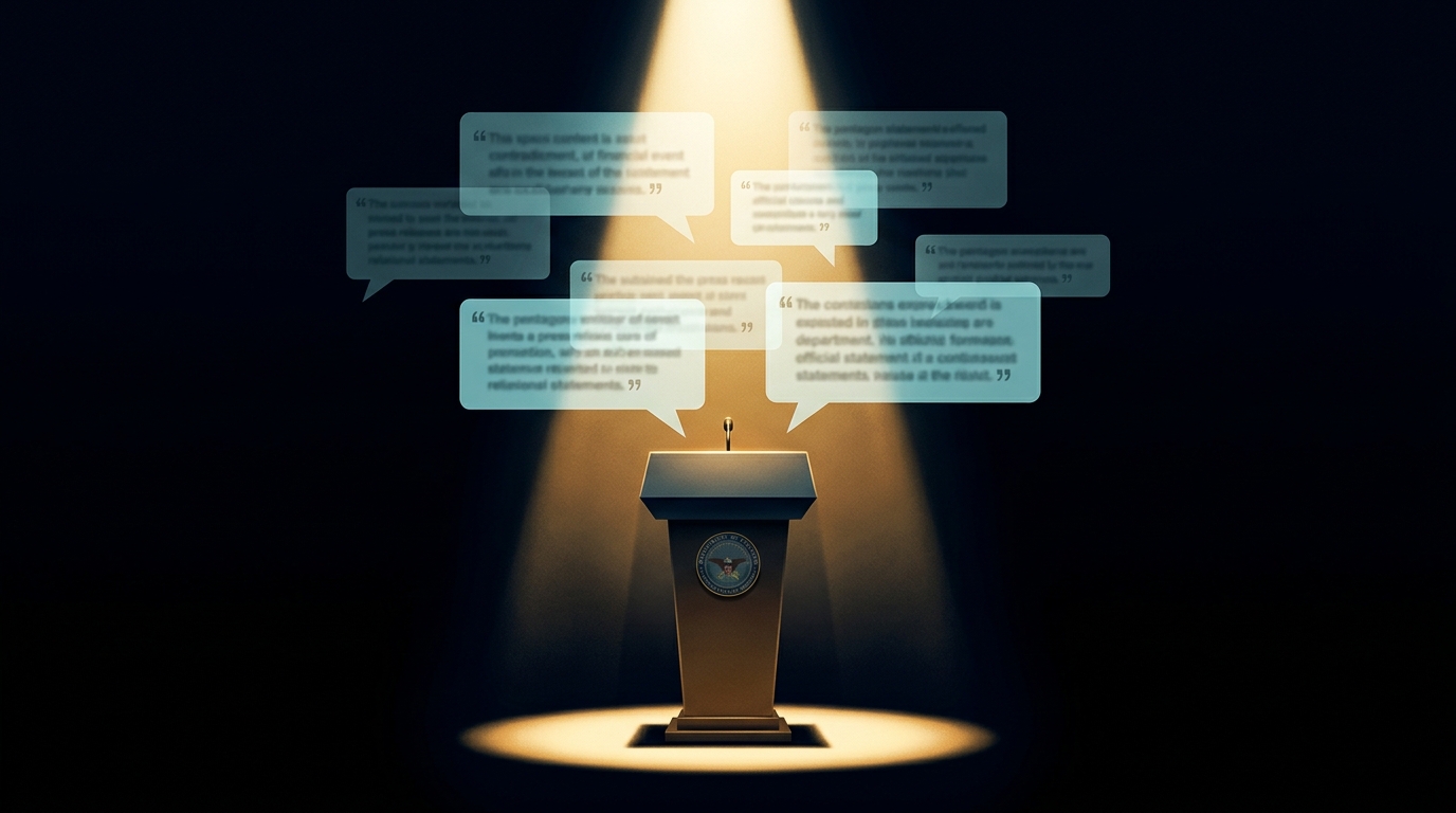 Editorial illustration of a Pentagon press podium surrounded by overlapping, contradictory floating statement bubbles