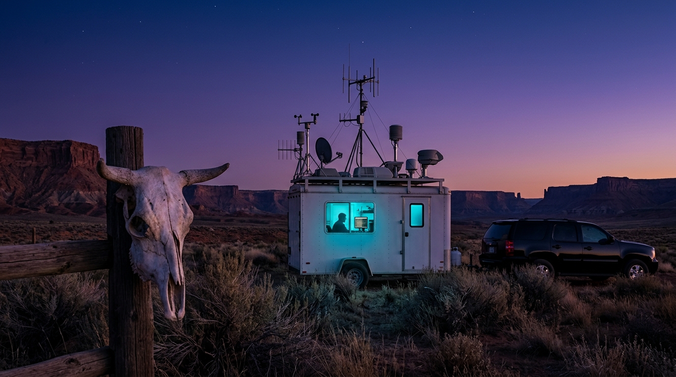 Remote Utah ranch at twilight with research equipment and an unmarked vehicle — illustration of Skinwalker Ranch