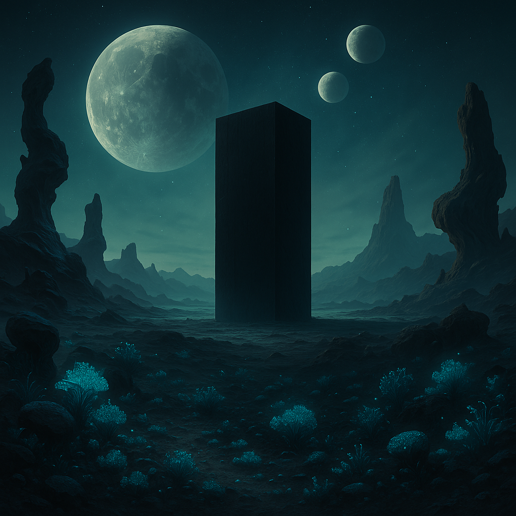 Dark landscape with monolith and mysterious lights