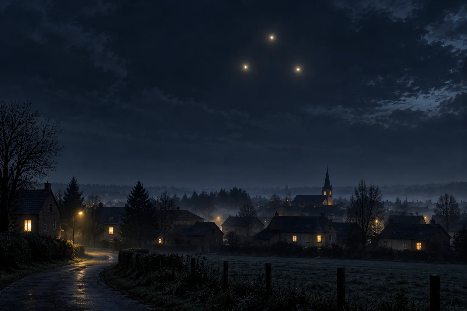 Editorial illustration of three distant lights above a Belgian town at night