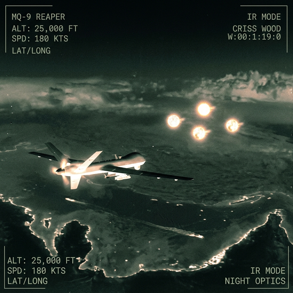 Conceptual image: MQ-9 Reaper drone over Persian Gulf with spherical objects in formation