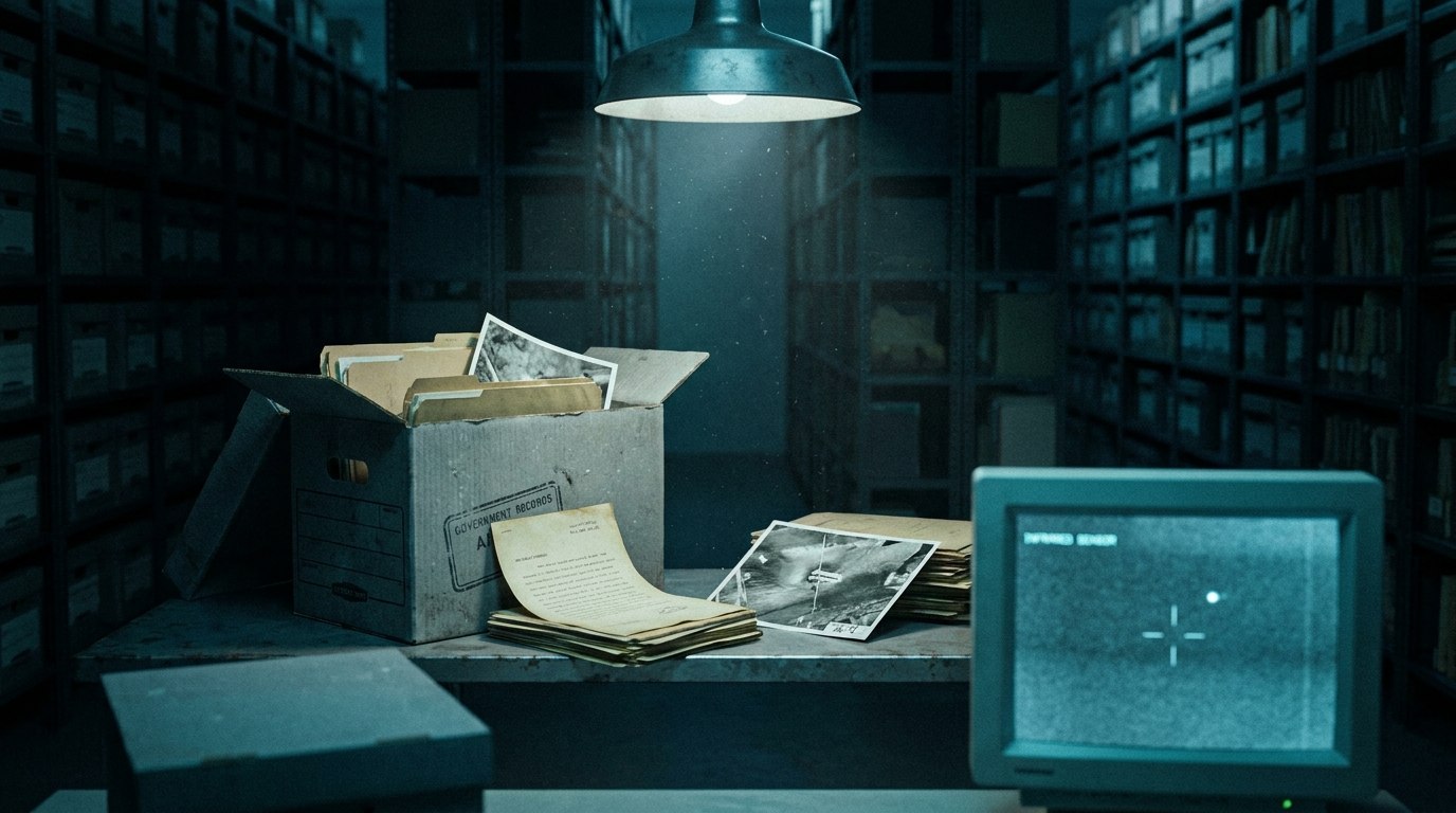 A dim government records vault with aged file boxes and yellowed documents under a cone of light, a modern monitor glowing cyan with an infrared UAP frame — illustration of the PURSUE Release 04 archive