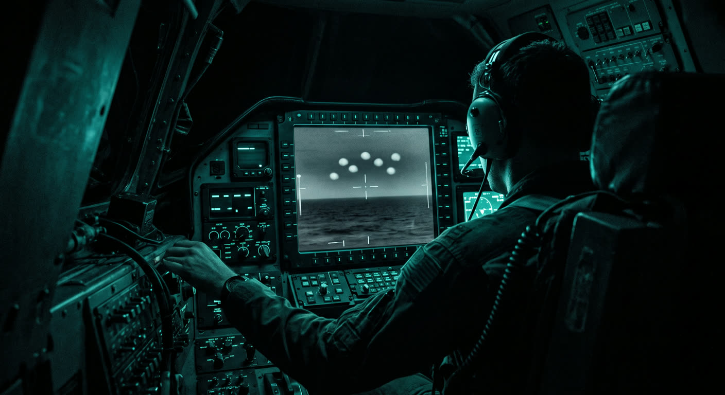 A sensor operator seated at a glowing infrared display inside a darkened military aircraft at night, pale spherical shapes hovering above a dark ocean horizon on the screen — illustration of the AC-130J gunship encounter in PURSUE Release 05