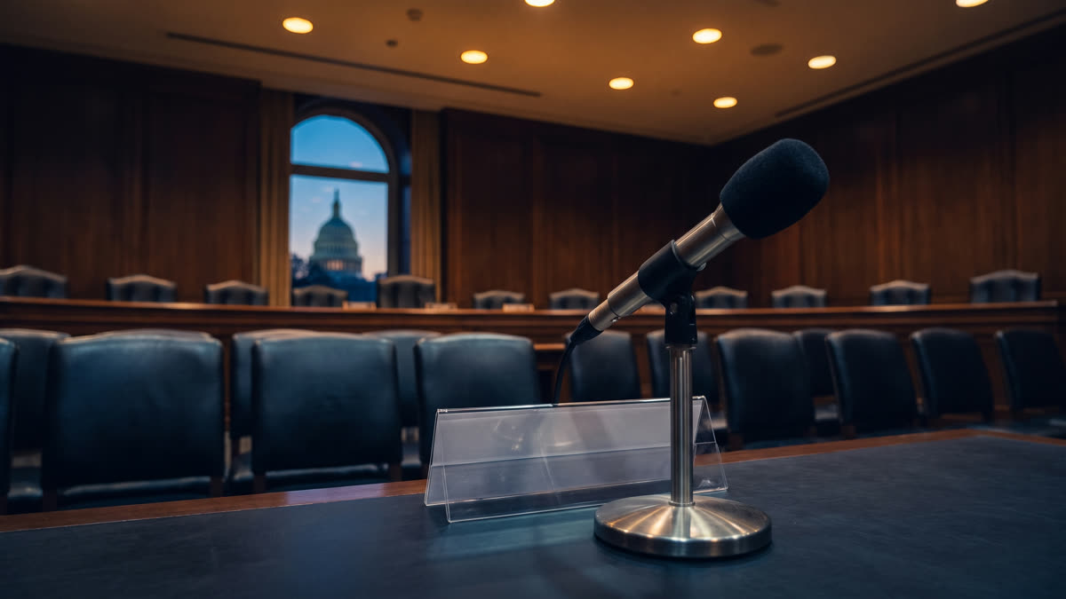An empty congressional hearing room with a single microphone at the witness table and a blank, unlabeled nameplate holder, the U.S. Capitol dome visible through a window