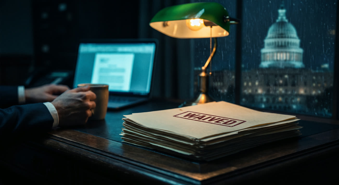 A stack of nondisclosure agreement documents on a dark desk under a lamp, the top page stamped WAIVED in red ink, a laptop glowing cyan and the U.S. Capitol dome visible through a rainy window at night — illustration of the UAP NDA waiver directive