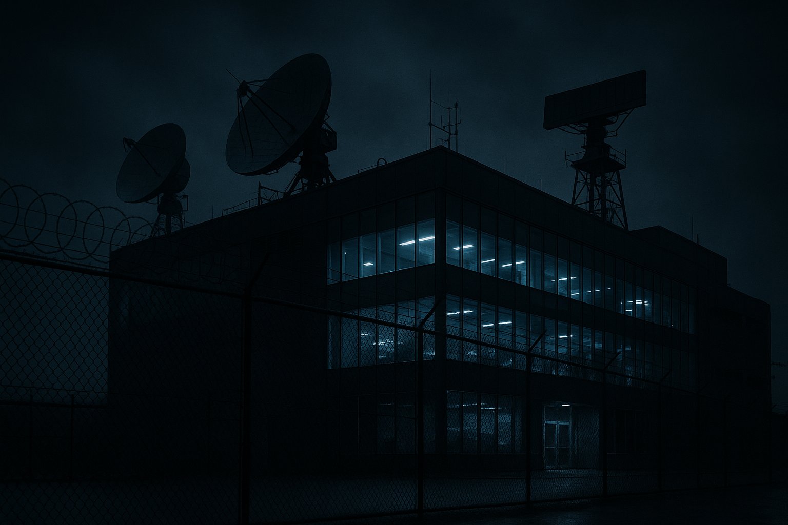 Defense contractor facility at night - symbol of corporate secrecy