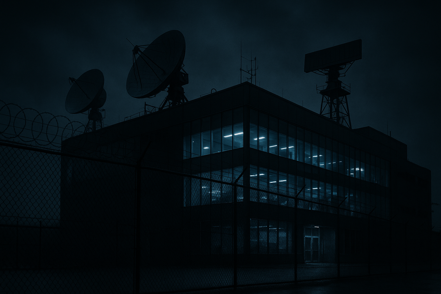 Defense contractor facility at night - symbol of corporate secrecy and security