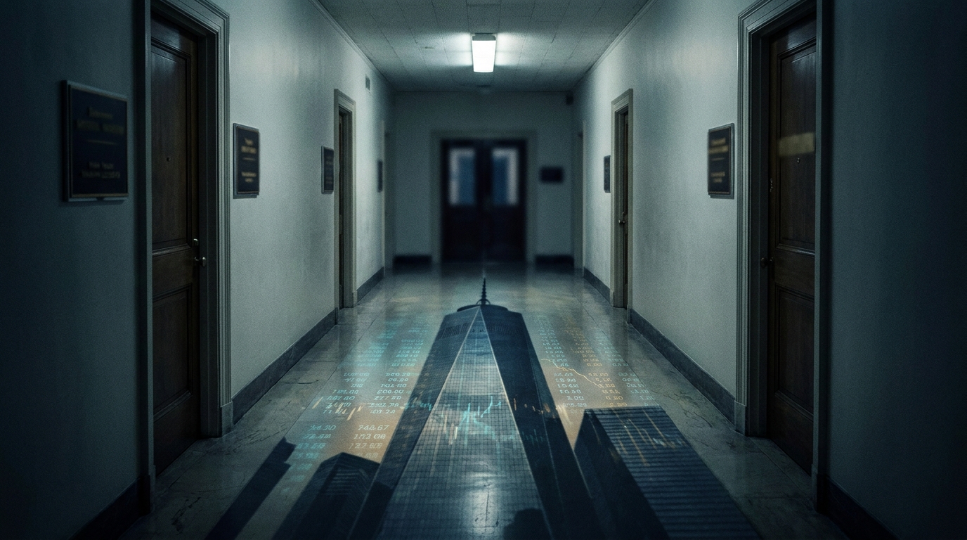 Capitol Hill corridor with corporate shadows cast across marble floor — illustration of defense contractor influence on UAPDA