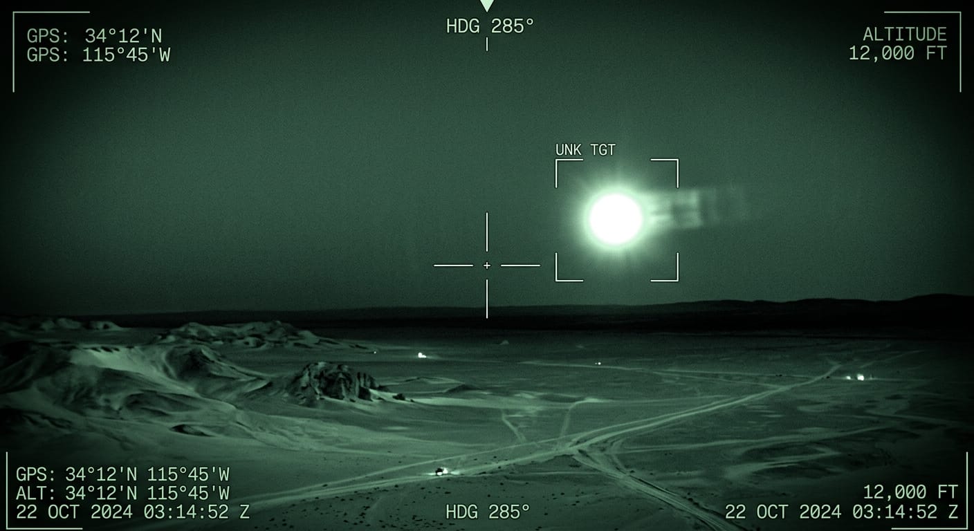 Night-vision drone sensor view of a bright spherical UAP over a Middle Eastern desert — illustration of DOW-UAP-PR051