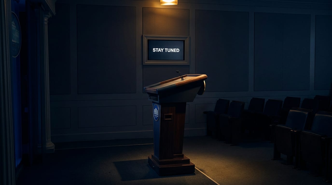 Empty White House press briefing podium in dim light, screen on the wall reading 'STAY TUNED' — illustration