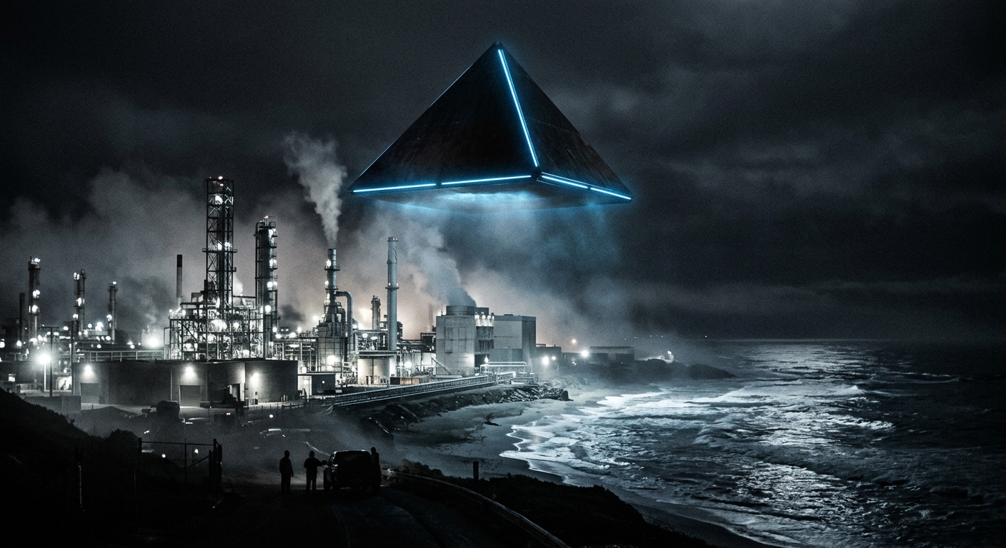 Pyramid-shaped UFO over coastal facility, glowing blue edges, cinematic rendering
