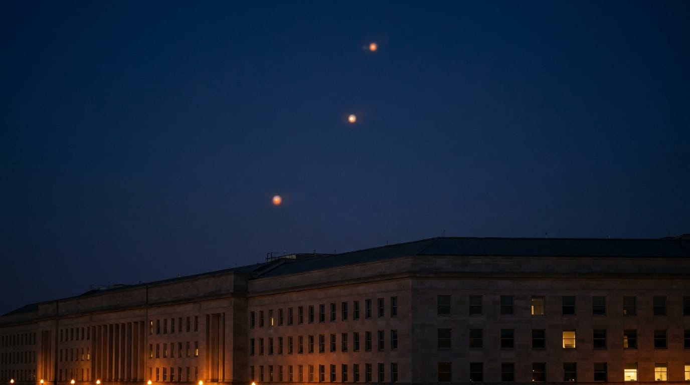 Editorial illustration of the Pentagon exterior at dusk with a faint glow of orange orbs hovering above the building, evoking the controlled-disclosure thesis of the PURSUE release