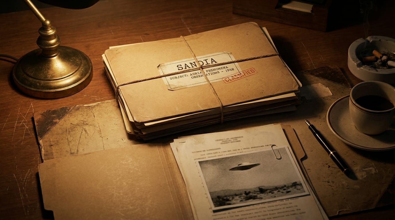 Editorial illustration of vintage manila Sandia government file folders from 1948-1950 stacked on a wooden desk under warm lamp light, with one folder open showing typewritten investigation notes about aerial phenomena observations