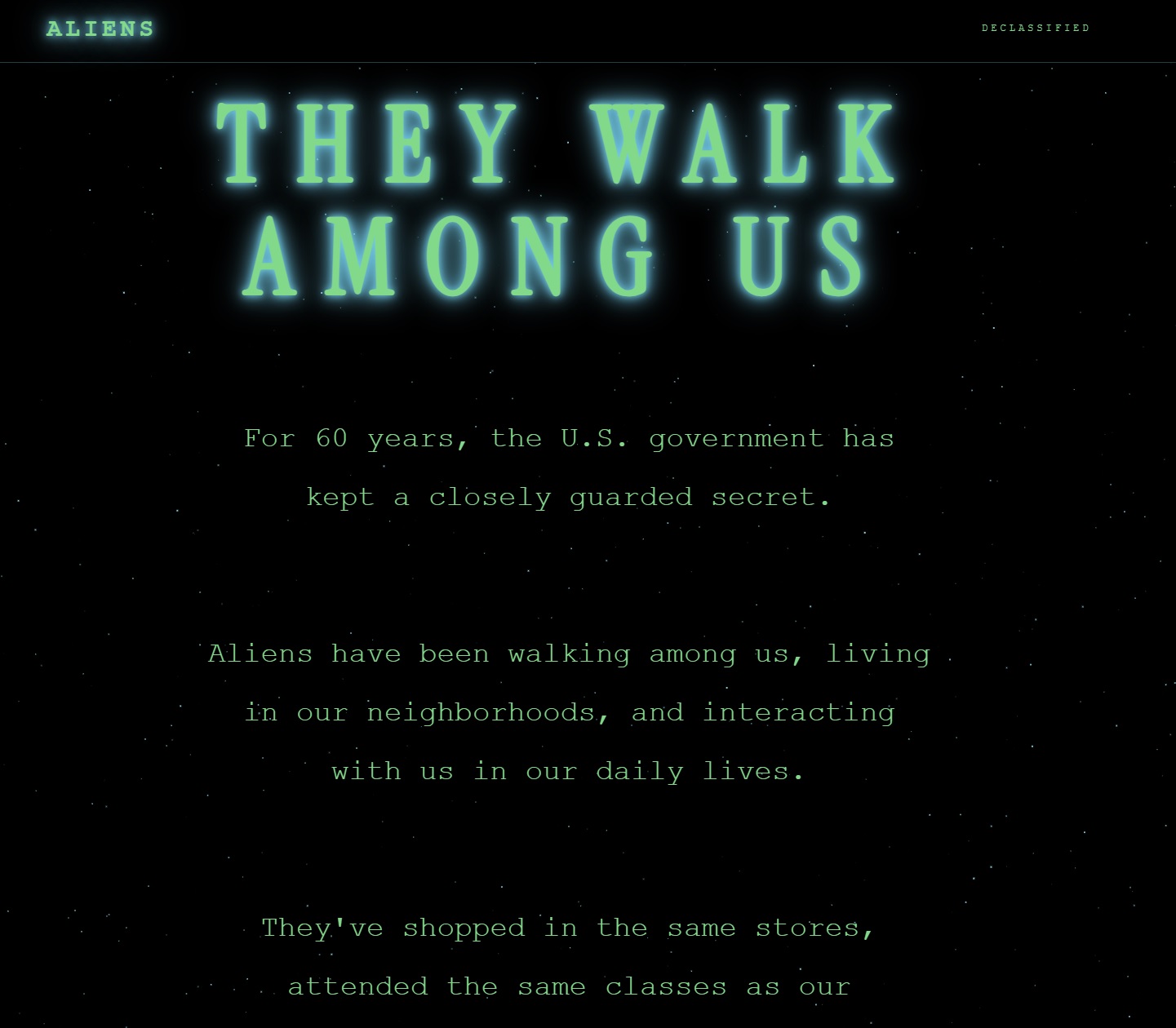 Screenshot of the aliens.gov website showing the They walk among us headline with space-themed styling, a live counter of ICE encounters, and the official White House branding