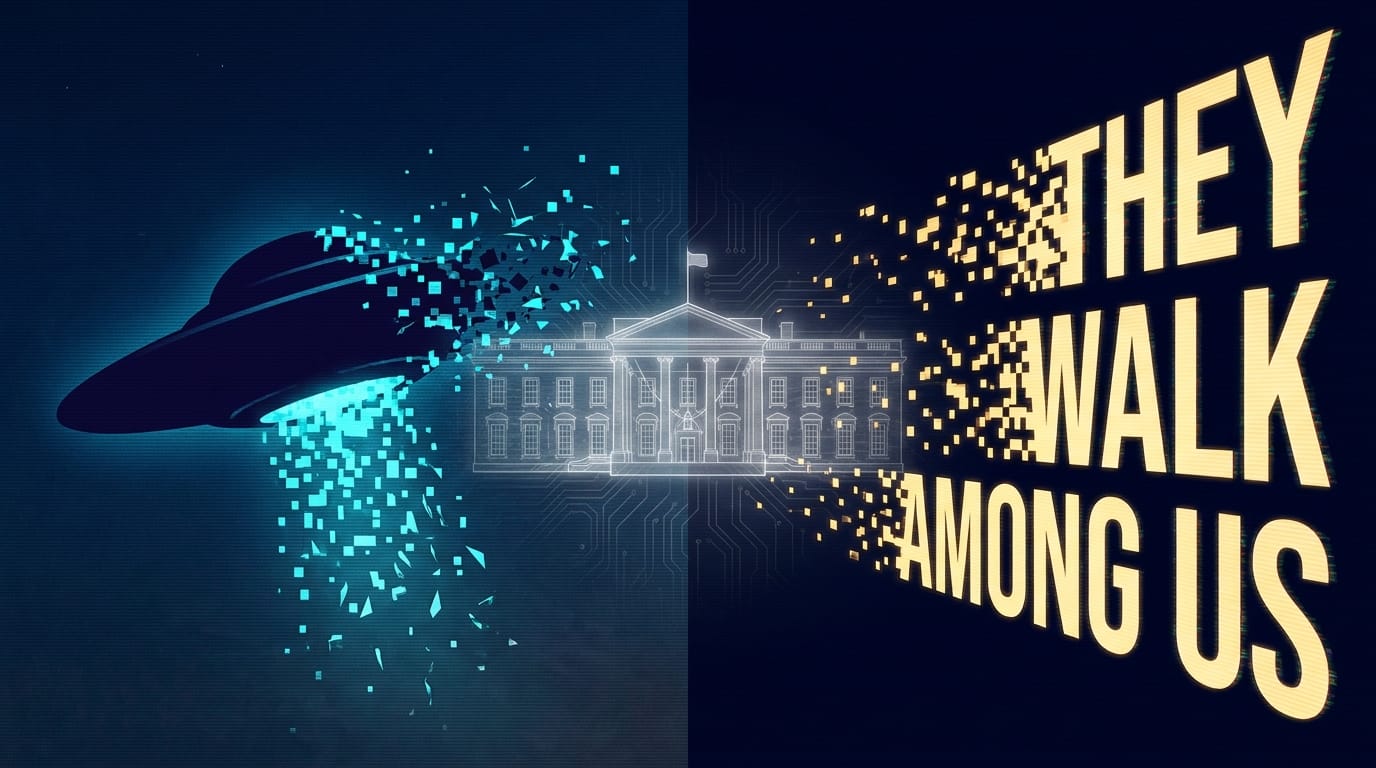 Editorial illustration showing the contrast between an empty UFO disclosure expectation and the actual aliens.gov immigration enforcement reality, with a faint UFO silhouette dissolving into the website's They walk among us headline
