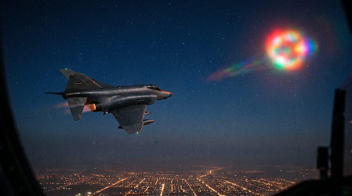 Editorial illustration of an Imperial Iranian Air Force F-4 Phantom II banking against a star-filled Tehran night sky toward a brilliant unidentified object emitting flashing red, green, orange and blue lights