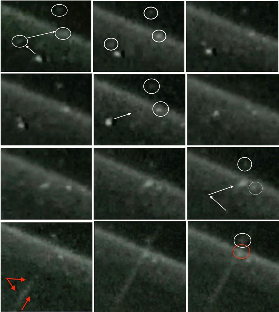 A grid of twelve grainy gray shuttle video frames over Earth's limb, with faint glowing spots circled in white and red and arrows tracing their paths.