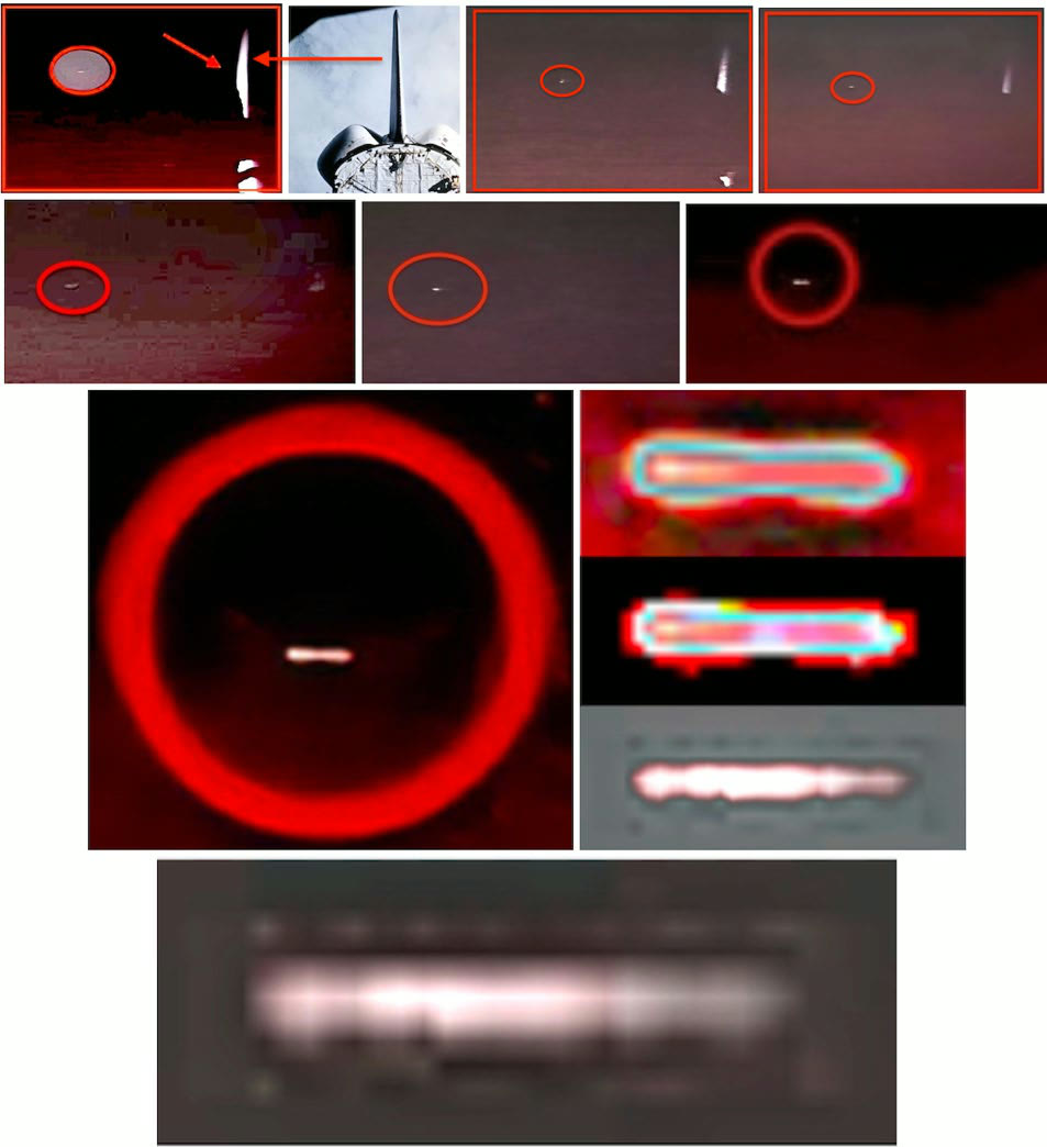 A grid of shuttle video frames: the shuttle's tail fin against Earth, a small bright elongated object circled in red in several frames, and heavily enlarged color-filtered close-ups of the object.