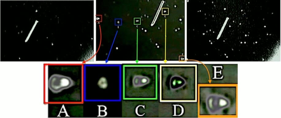 Three frames of NASA shuttle footage showing a long bright tether against a black sky with small glowing dots, and five enlarged insets of individual dots, each a pale disc with a dark notch.