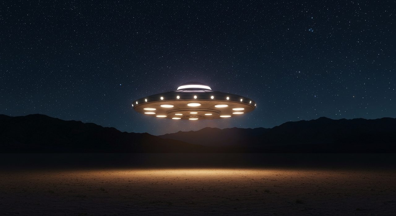 Disc-shaped UFO over mountain landscape