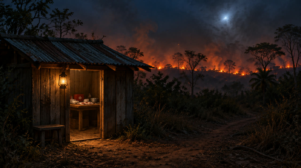 Illustration of a lantern-lit wooden first-aid hut at night with a wildfire glowing on the distant treeline.