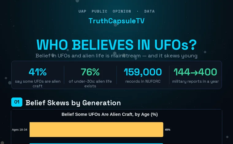 Infographic on public belief in UFOs and alien life by age group, sizes of major UFO databases, and the rise in U.S. military UAP reports.