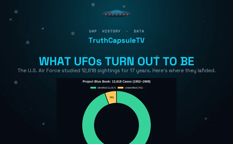 Project Blue Book breakdown: of 12,618 USAF-studied UFO sightings from 1952 to 1969, roughly 94.5% were identified and 701 (5.5%) remained unexplained, with an approximate split across aircraft, astronomical, balloons and other causes.