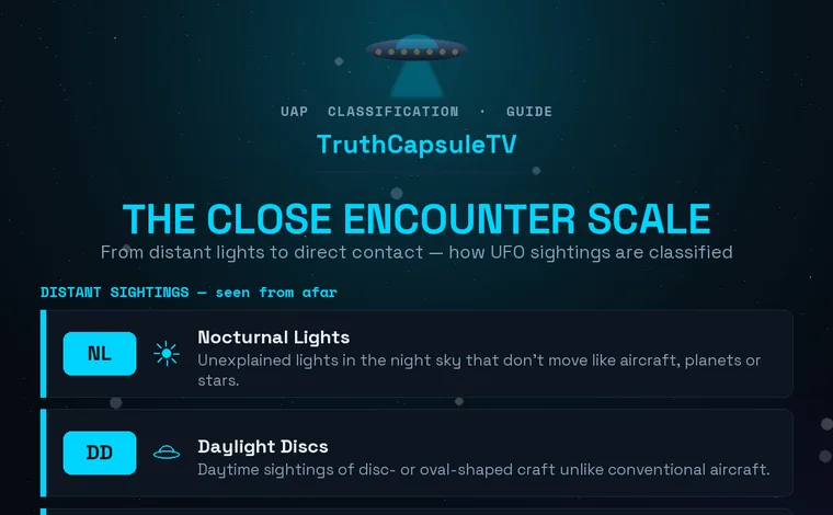 The Hynek close encounter classification scale: Nocturnal Lights, Daylight Discs and Radar-Visual sightings, then Close Encounters of the First through Fifth Kind, with CE4 and CE5 noted as later additions.