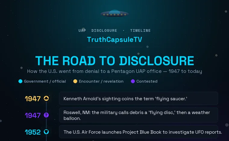 Vertical UFO/UAP disclosure timeline from 1947 to 2026, color-coded by government action, encounter, and contested events.