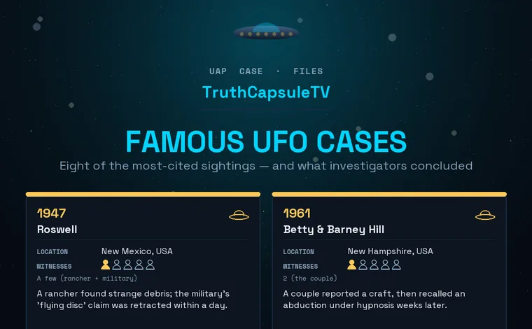 Comparison of eight famous UFO cases including Roswell, Rendlesham, Phoenix Lights and the USS Nimitz Tic Tac, with location, witnesses and official status.