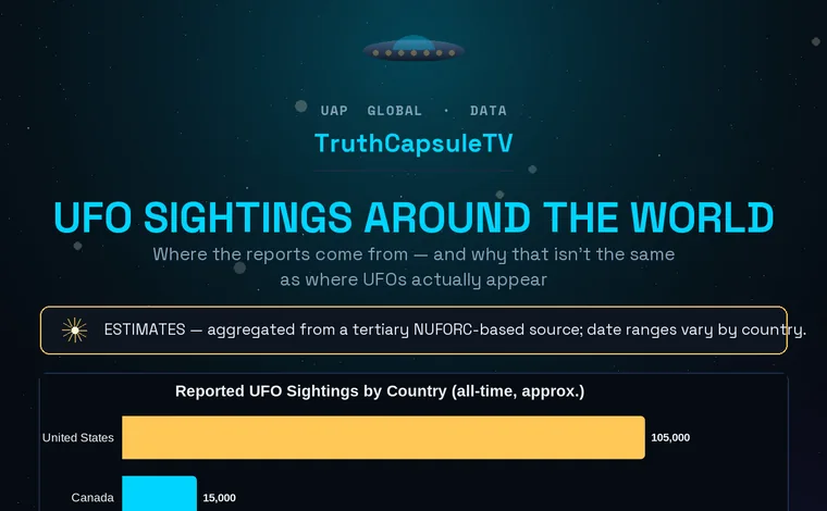 Bar chart of reported UFO sightings by country, all-time approximate: United States ~105,000, Canada ~15,000, China ~8,000, France ~5,068, Spain ~3,650, with a reporting-bias note.