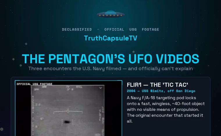The three official Pentagon UAP videos — FLIR1 (the 2004 Tic Tac), Gimbal and Go Fast — shown as targeting-display stills with encounter details.