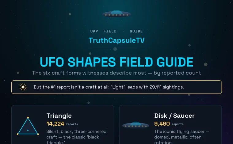 Illustrated field guide to the most-reported UFO shapes: triangle, disk, sphere, orb, cigar and chevron, with sighting counts.