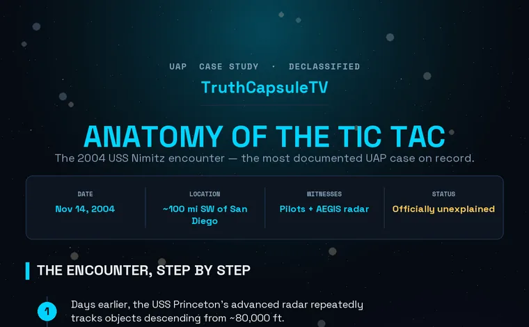 Anatomy of the 2004 USS Nimitz 'Tic Tac' encounter: radar tracks objects descending from ~80,000 ft, pilots Fravor and Dietrich intercept a 40-foot wingless craft over churning water, it accelerates away and is reacquired 60 miles off, and the FLIR1 video is filmed — with the real targeting-pod still.