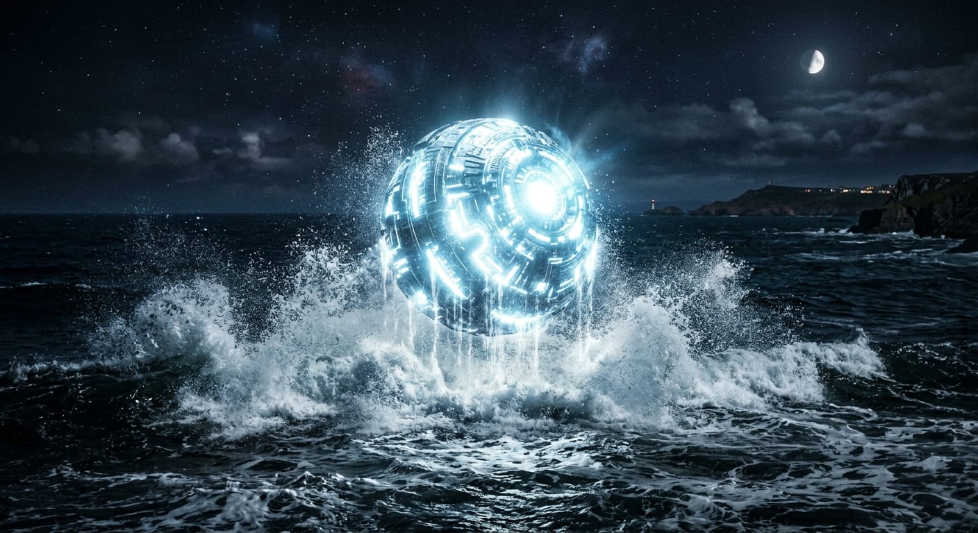 Illustration of a spherical UAP emerging from ocean water, matching the DOW-UAP-PR067 'pulsing over water' file description