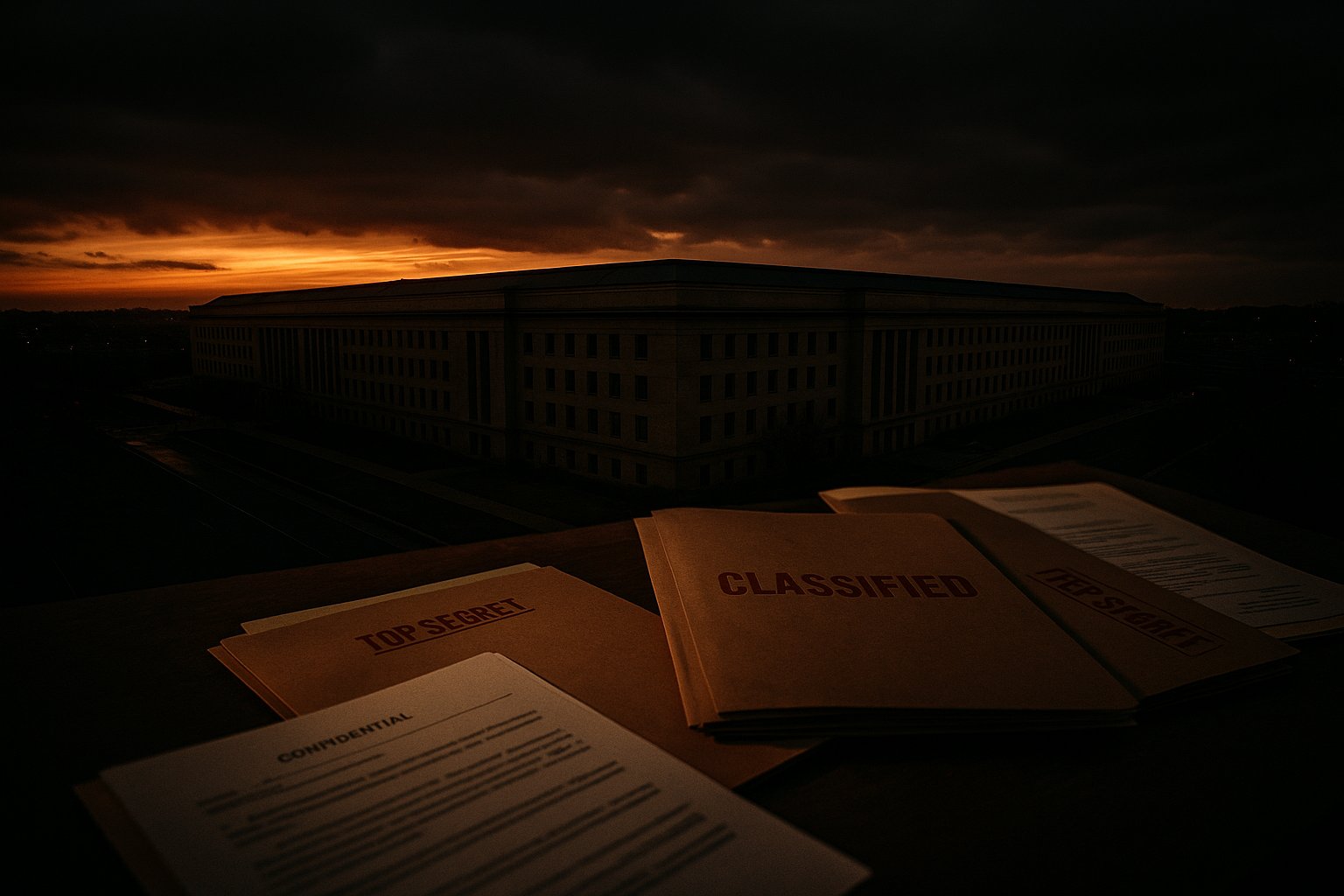 Pentagon building at dusk - symbol of government secrecy and UAP investigations
