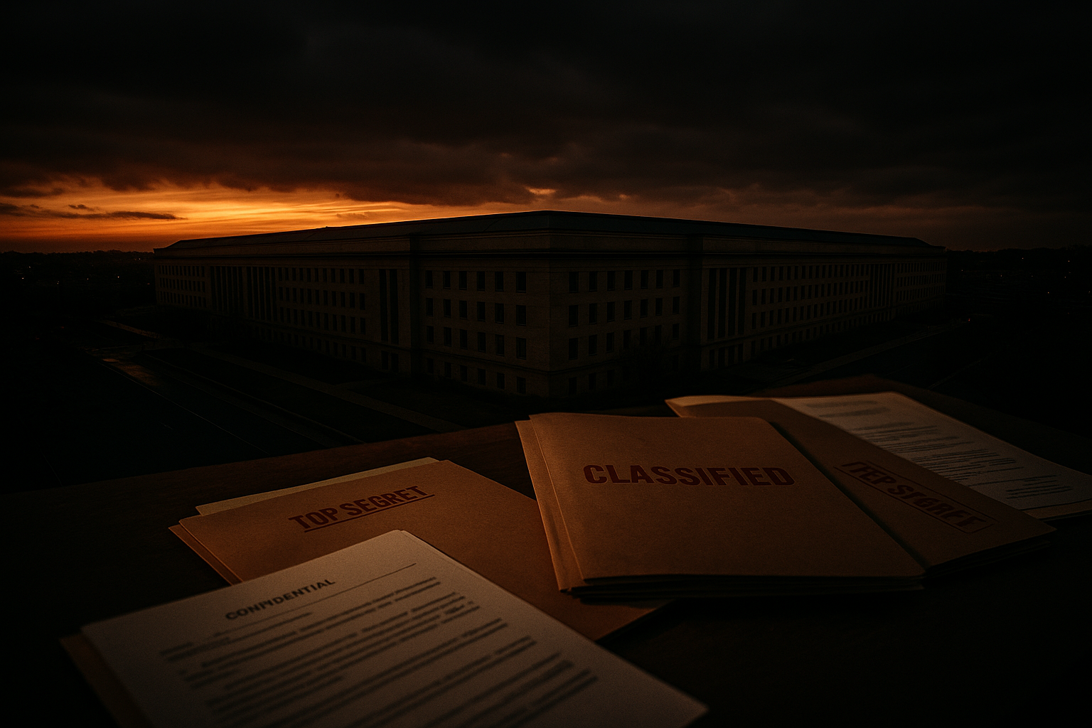 Pentagon building at dusk - symbol of military-industrial secrecy