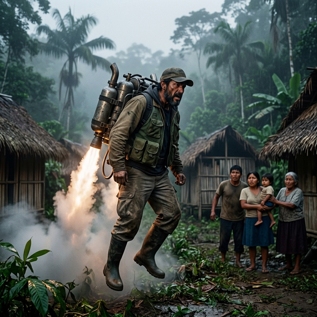 Peruvian illegal gold miners with jetpacks in jungle