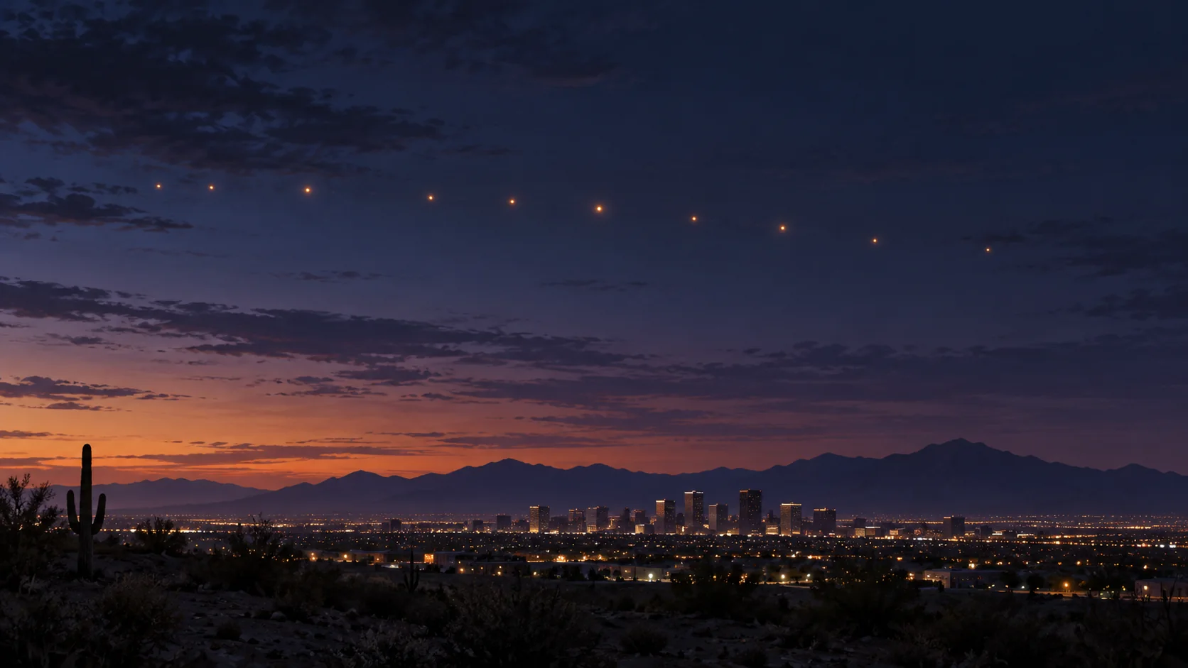 Editorial illustration of a line of distant lights above Phoenix at twilight
