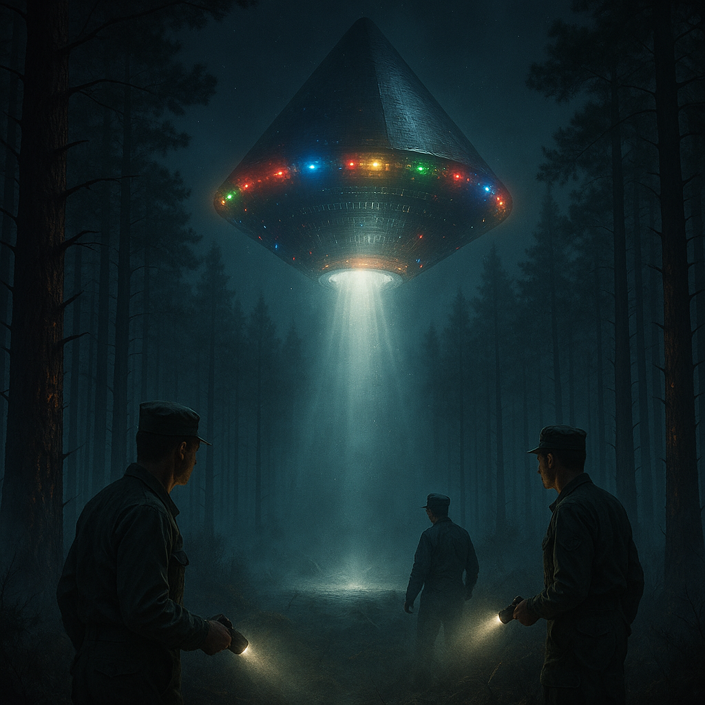 Rendlesham Forest UFO 1980 triangular craft with colored lights and binary code
