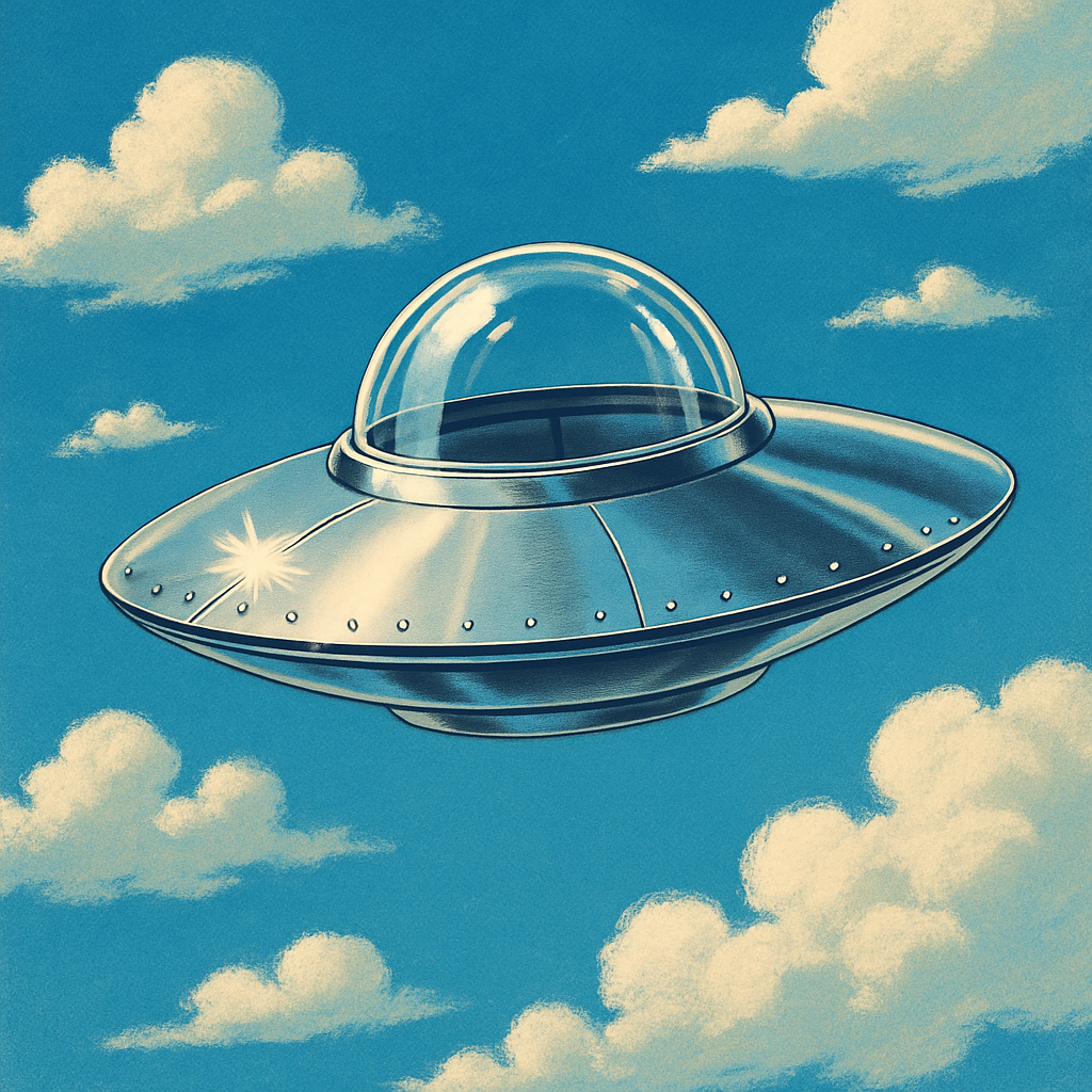 Retro 1950s silver saucer floating among clouds