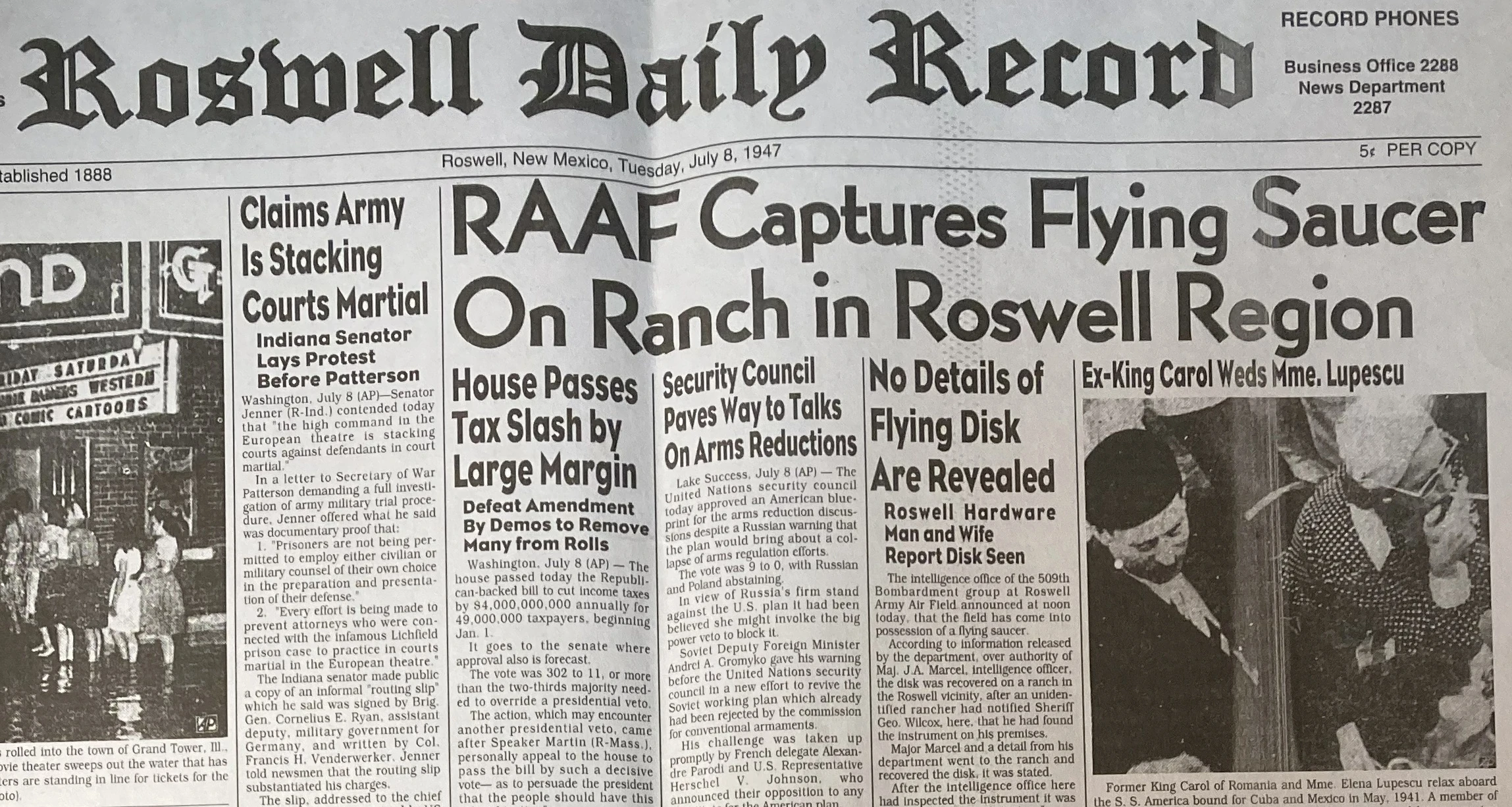 Front page of the Roswell Daily Record dated July 8, 1947