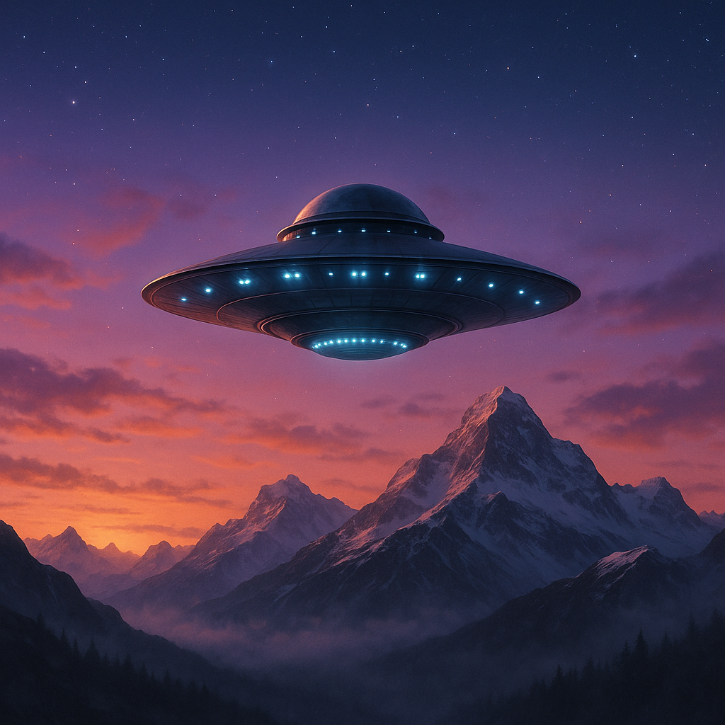 Saucer over mountains at dusk