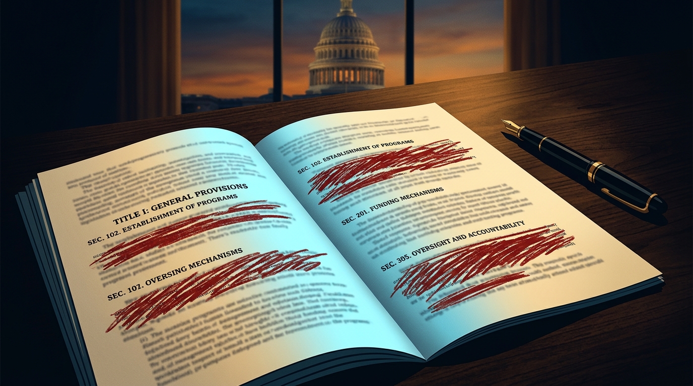 Legislative bill on a Senate desk, redaction marks visible, Capitol dome at dusk — illustration of the gutted UAP Disclosure Act