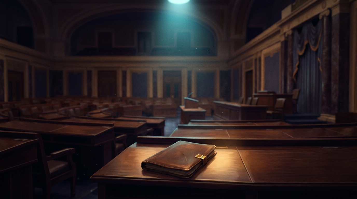 Empty U.S. Senate chamber with a single closed leather document folder on a desk, late-afternoon light — illustration