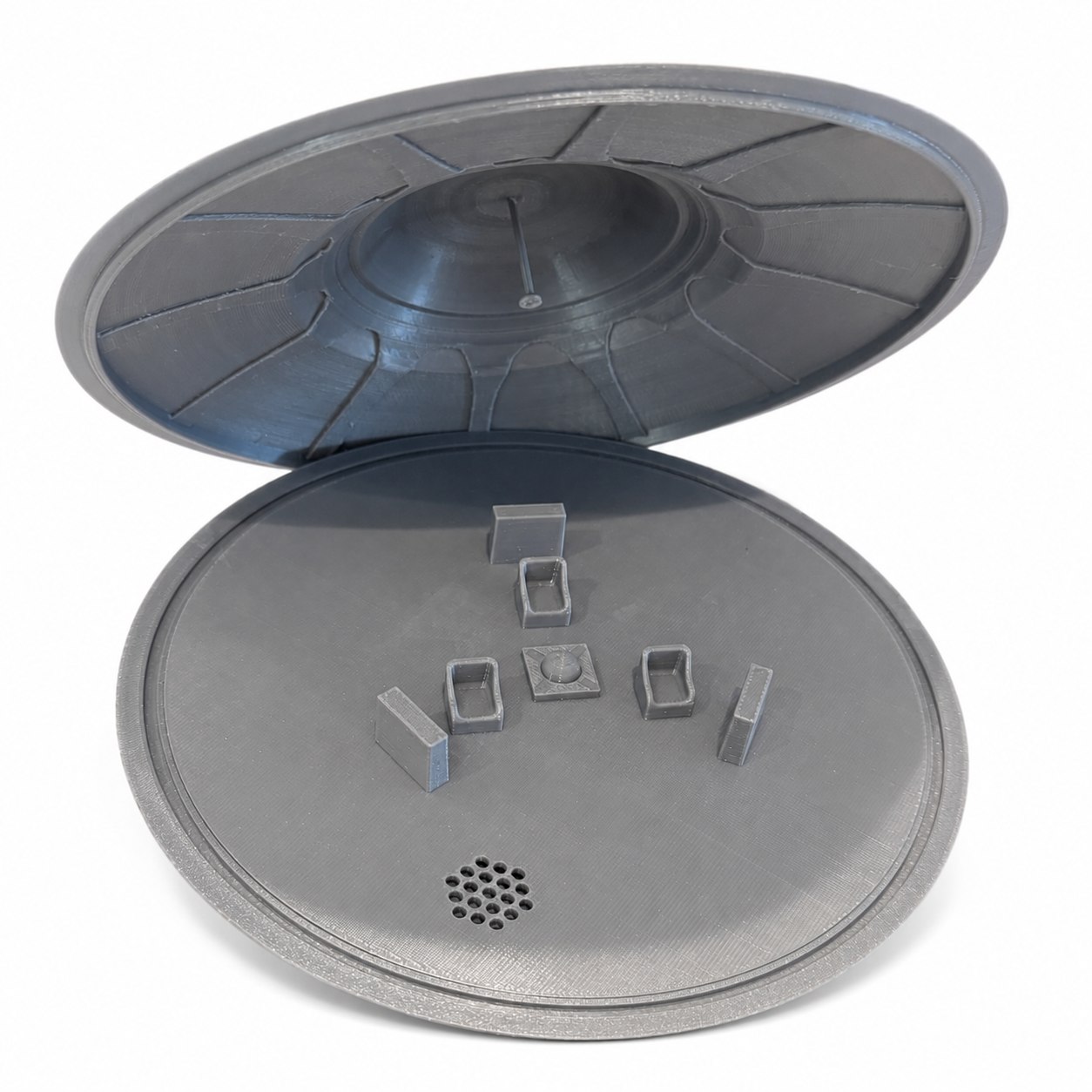 Model opened in halves showing the interior deck with reactor and gravity amplifier detail