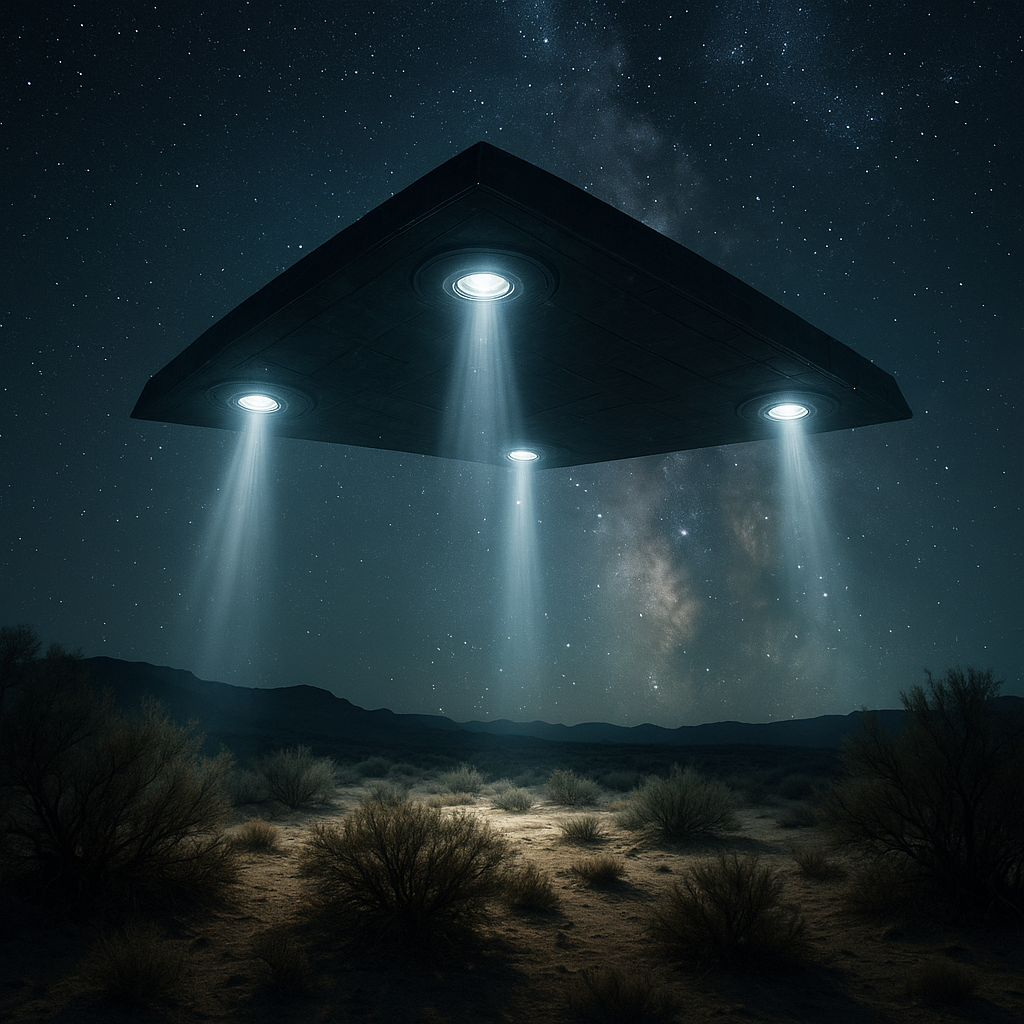 Triangular black-ops UFO emitting light beams over desert