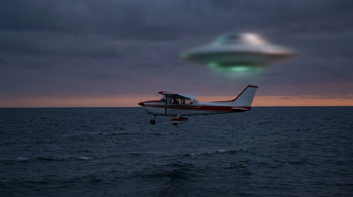 Editorial illustration of a small single-engine Cessna 182 light aircraft over a dark expanse of Bass Strait water at dusk, with a glowing unidentified object hovering above and behind the plane